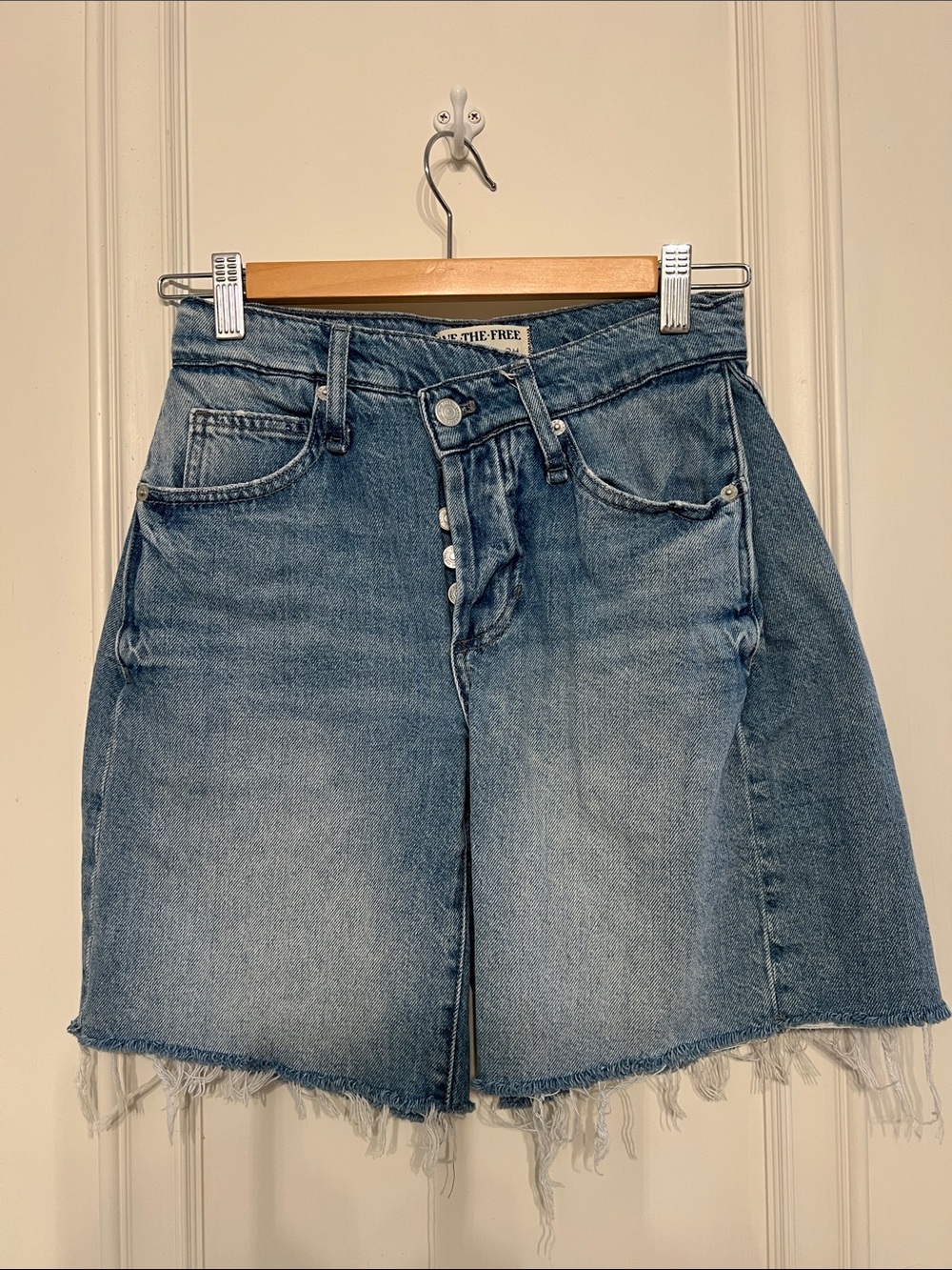 We The Free Light Blue Distressed Button-Fly Denim Shorts